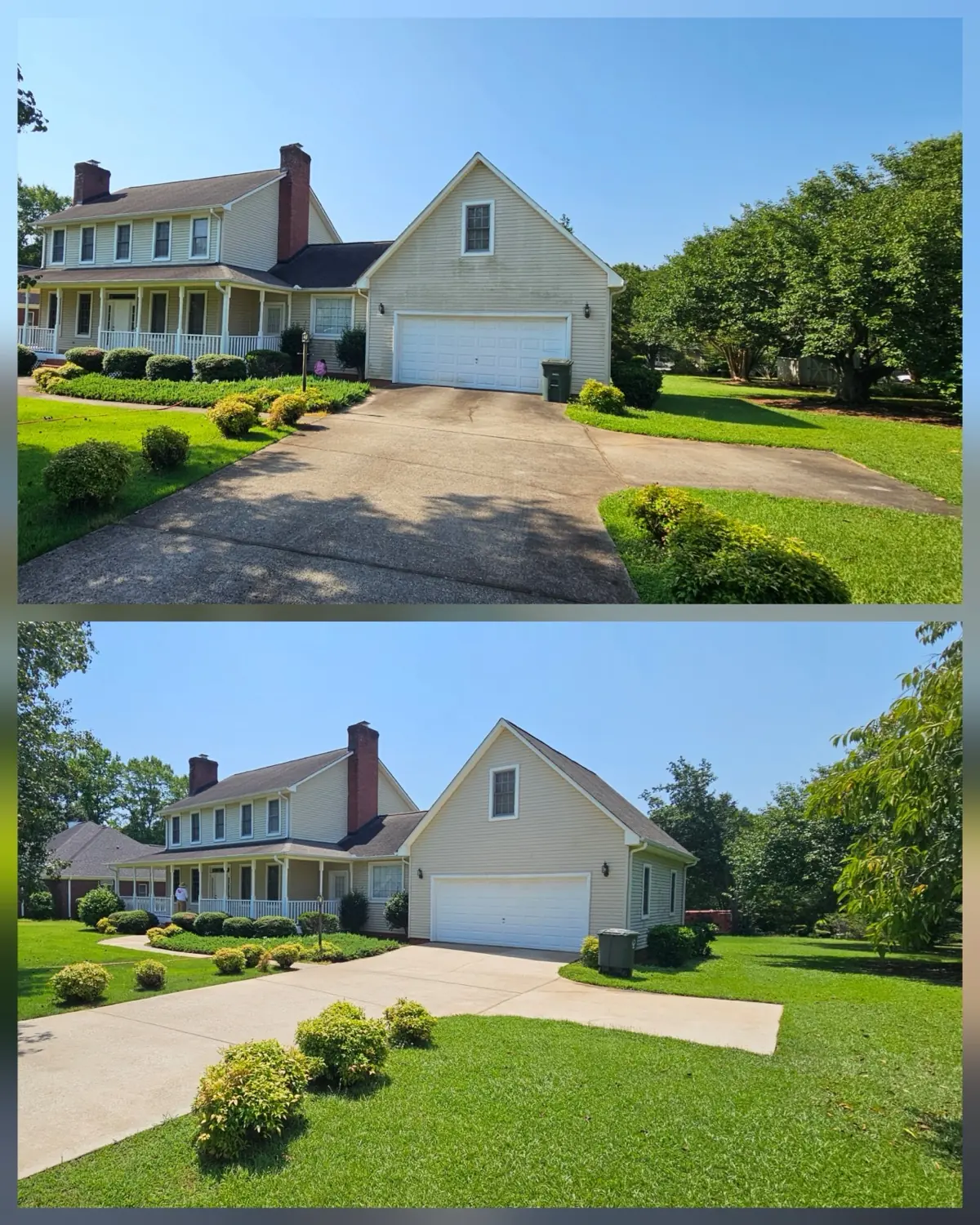 A two story house and its driveway, before and after a full exterior clean by Darby's